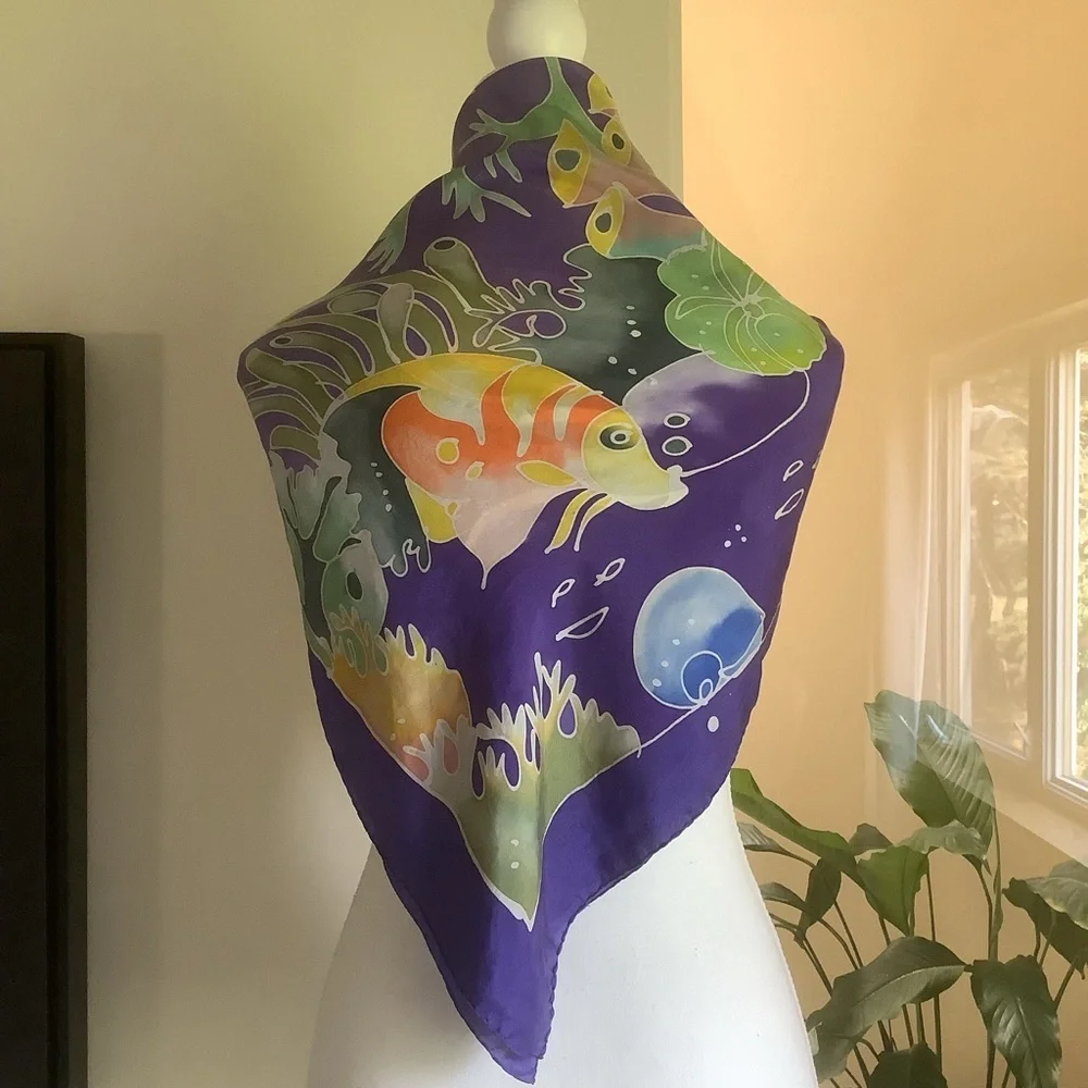 Purple Tropical Fish Design Hand Square Scarf